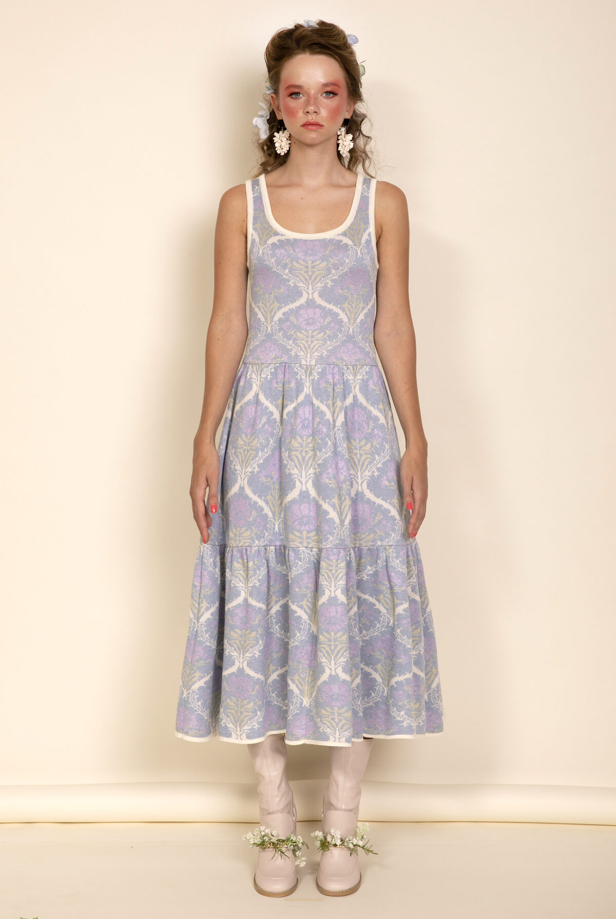 Long dress with flouces in light blue and white jacquard design